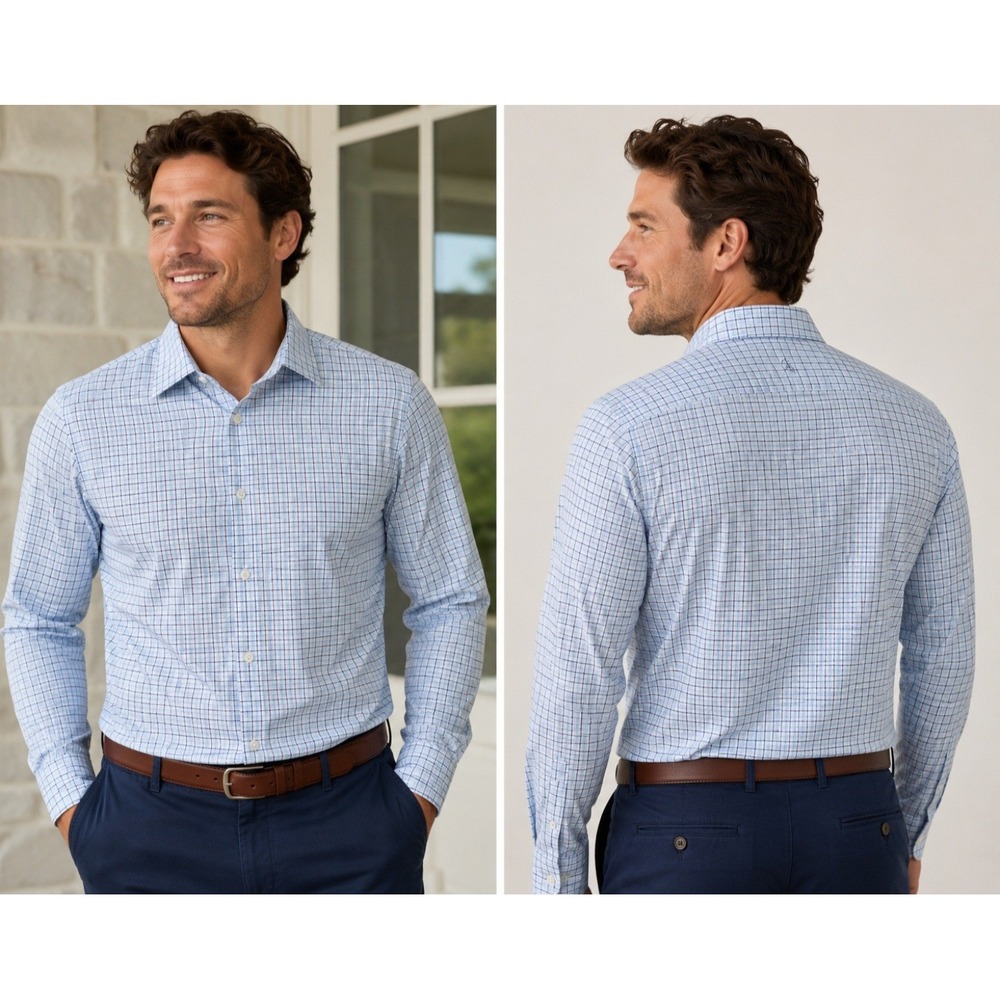 Rhoback Mens Performance Button Down Shirt Blue Check BD0001 Medium Stretch